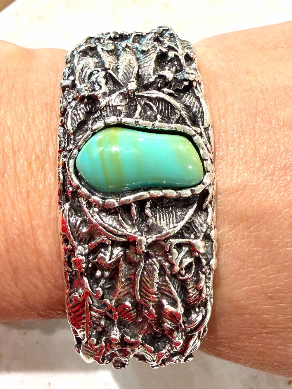 Vintage Brutalist Mid-Century Cuff Bracelet Textured Silver Tone Turquoise